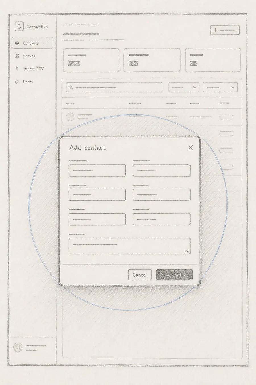 Hand-drawn interface blueprint: Add contact
