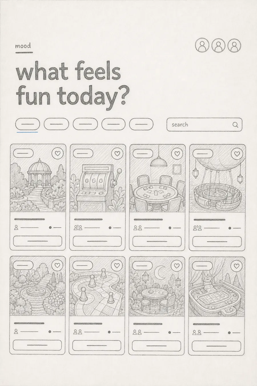 Hand-drawn interface blueprint: Mood-led catalogue