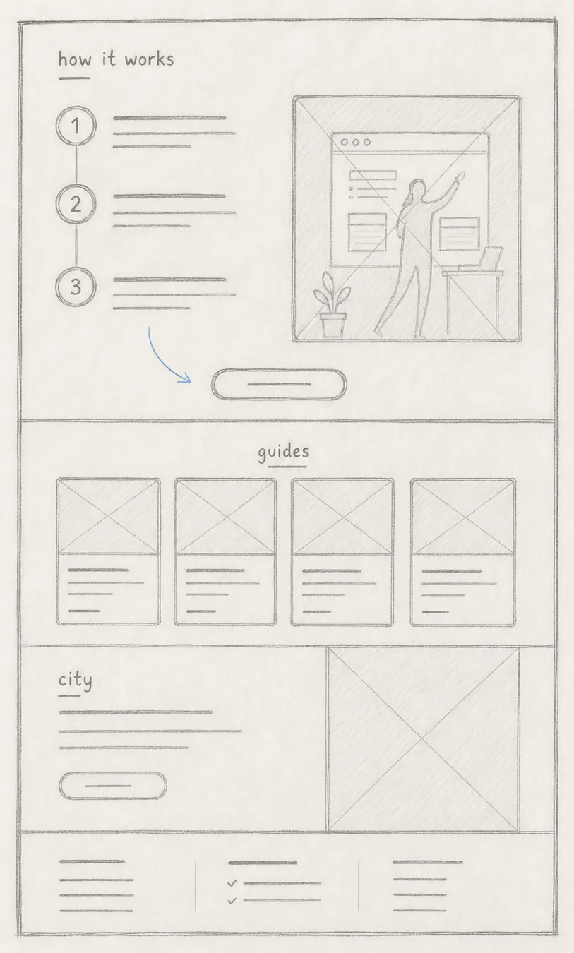 Hand-drawn interface blueprint: Growth and local discovery