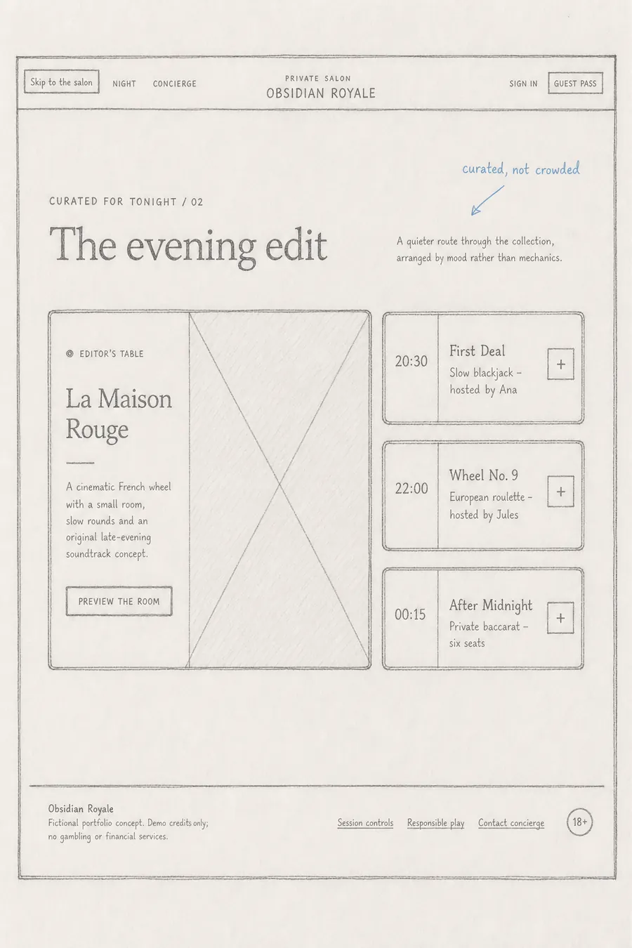 Hand-drawn interface blueprint: Curate