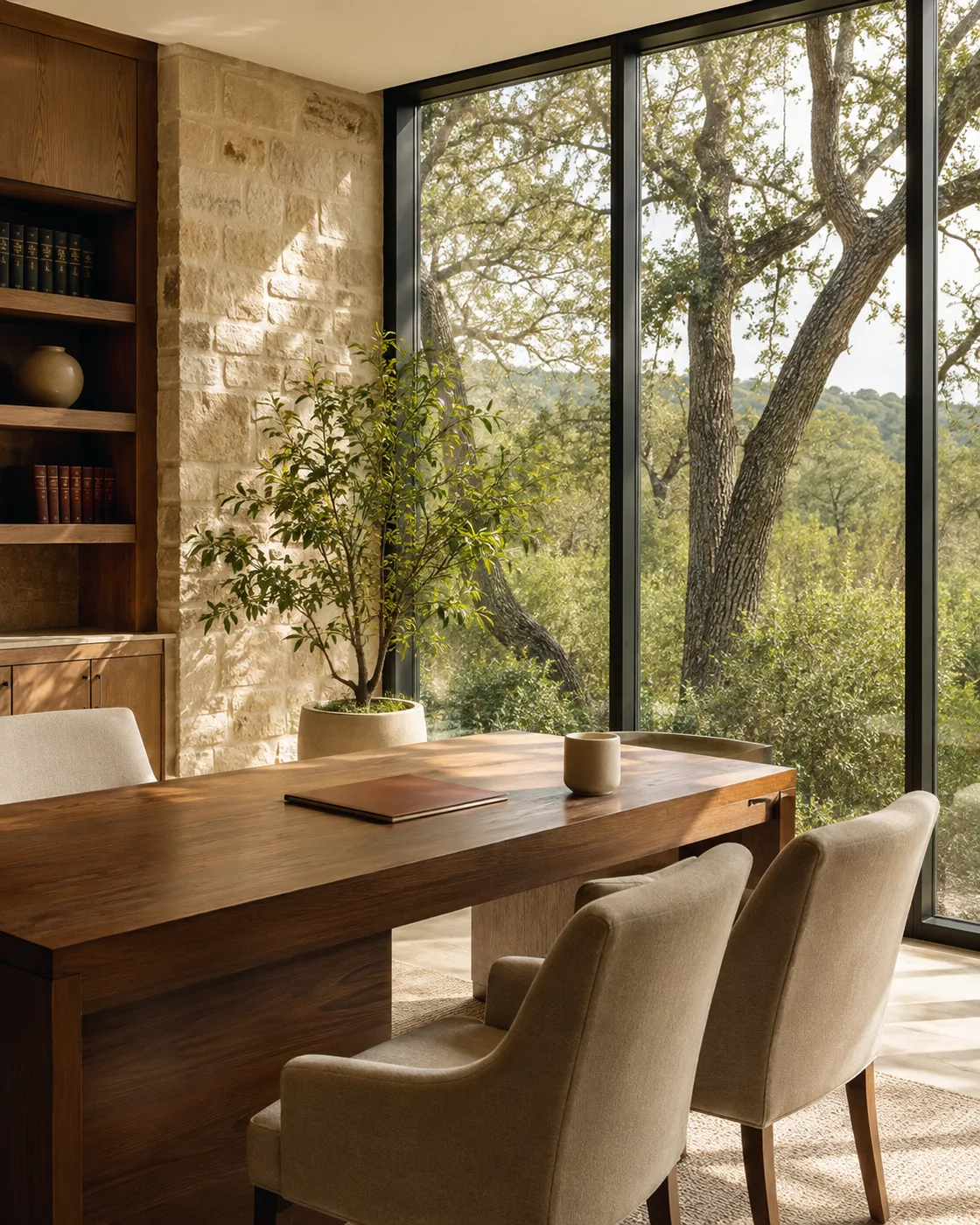 Illustrative warm, sunlit law office with an oak desk, windows, and greenery